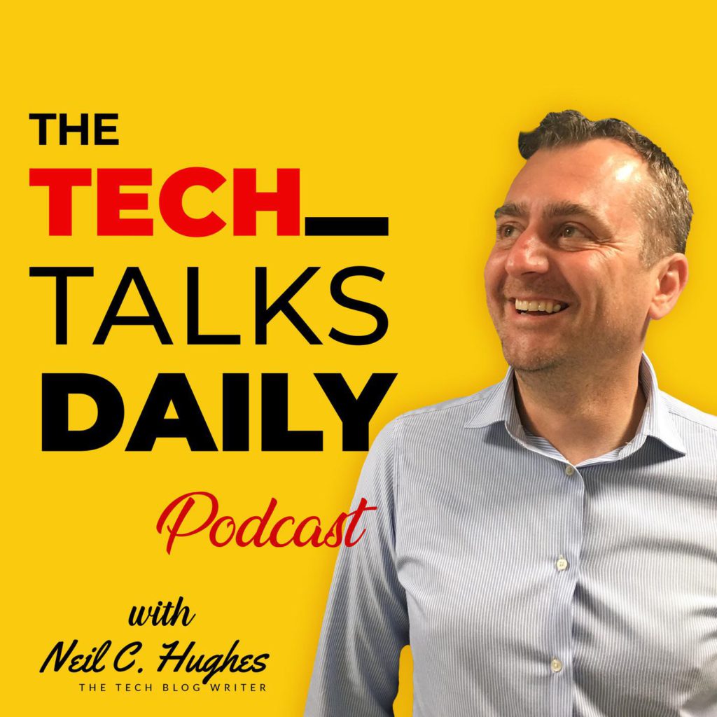 The Tech-Talks daily podcast advertimsment shows a man in a yellow background