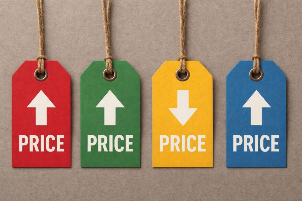 An image of four hanging price tags in red, green, yellow, and blue with arrows showing dynamic pricing.