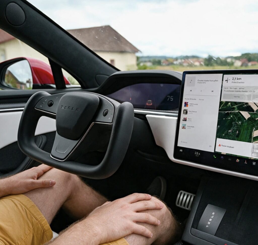 Driver's view inside a Tesla car, hands resting on the driver's knees while the car drives itself at 75 on a rural road, with the touchscreen showing a satellite map route.